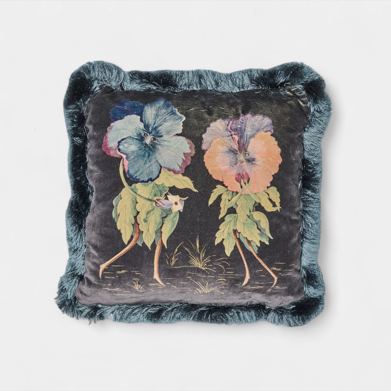 Pansy print velvet petrolblue w/fringe