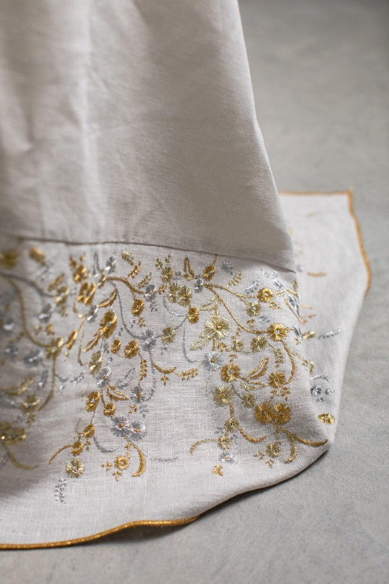 Gray Linen Gold Embroidered Tablecloth