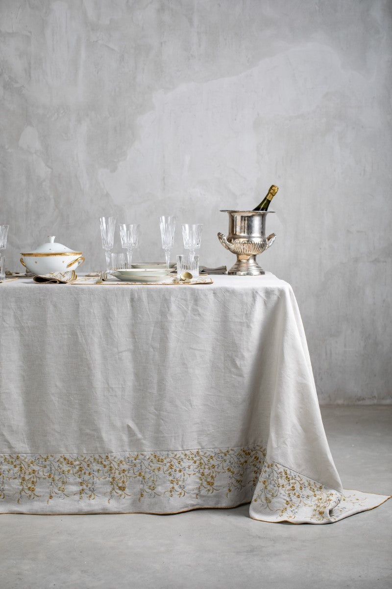 Gray Linen Gold Embroidered Tablecloth